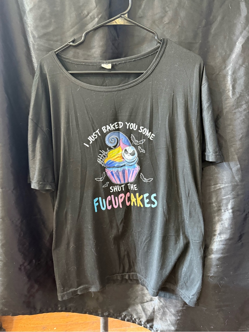 Womens Black Graphic Tee with Colorful Cupcake Print